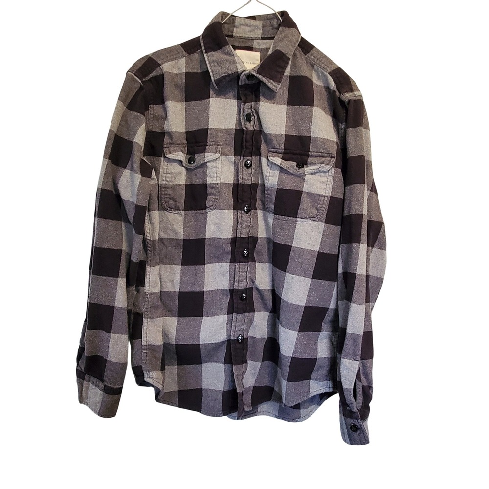 American Eagle Outfitters Mens Gray Black Buffalo Plaid Cotton Flannel Shirt M